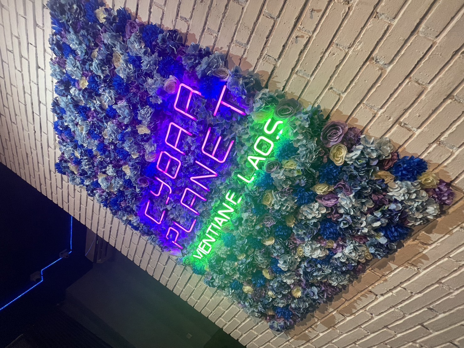 入り口にある大きな花とLEDが融合した看板